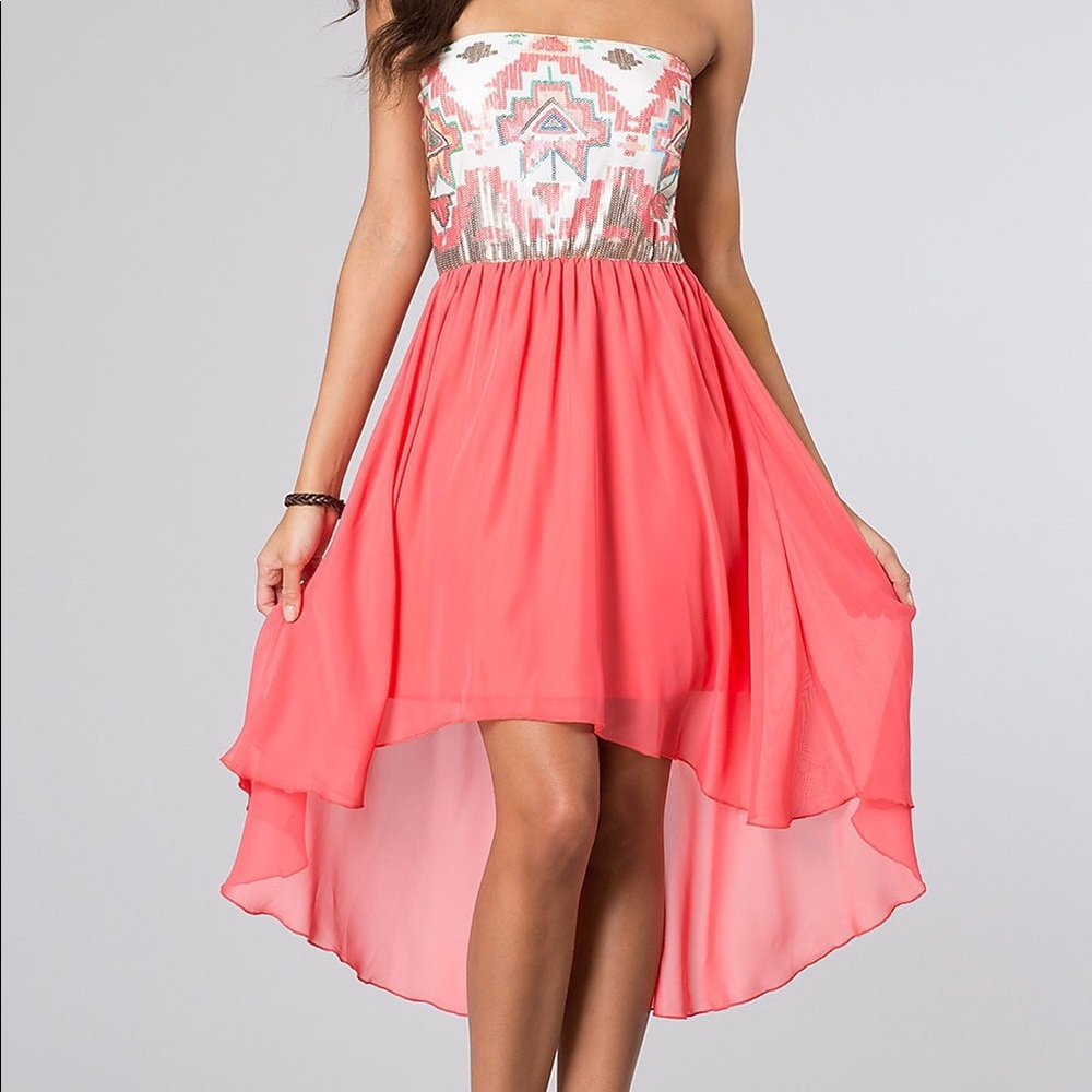Pink sequin high low strapless dress